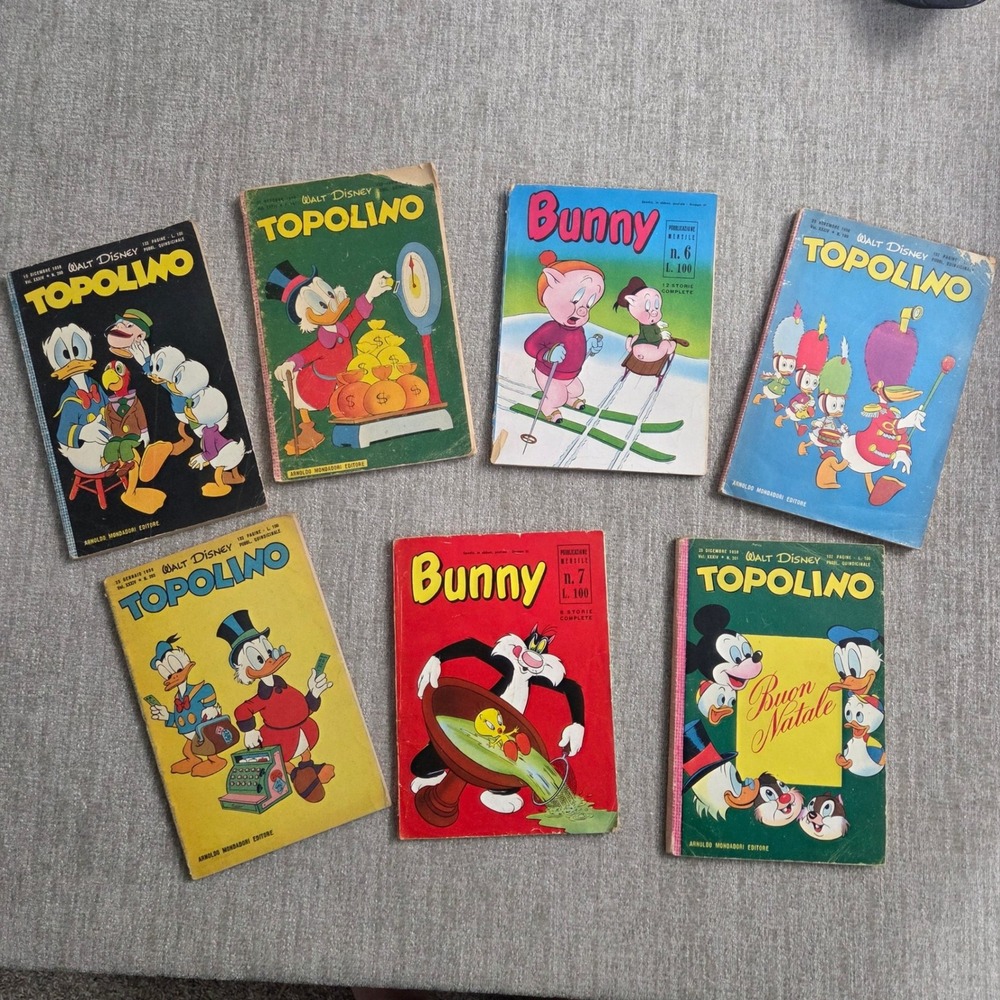 Vintage 1950s Italian Comic Book Lot Topolino Bunny Disney Warner Bros 7 Issues
